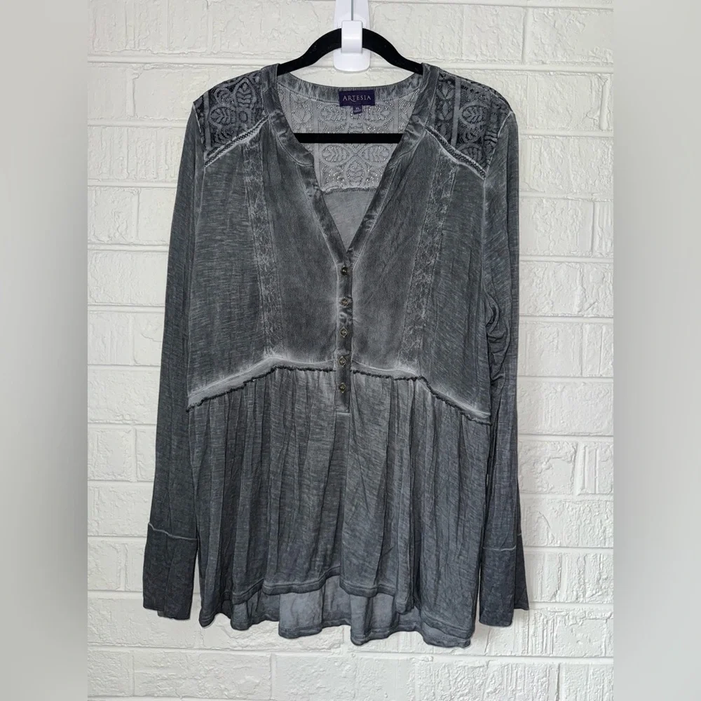 ARTESIA Gray Grey Boho Tunic Top Lace Bib & Hem Sz XL Knit Long Sleeve ✨